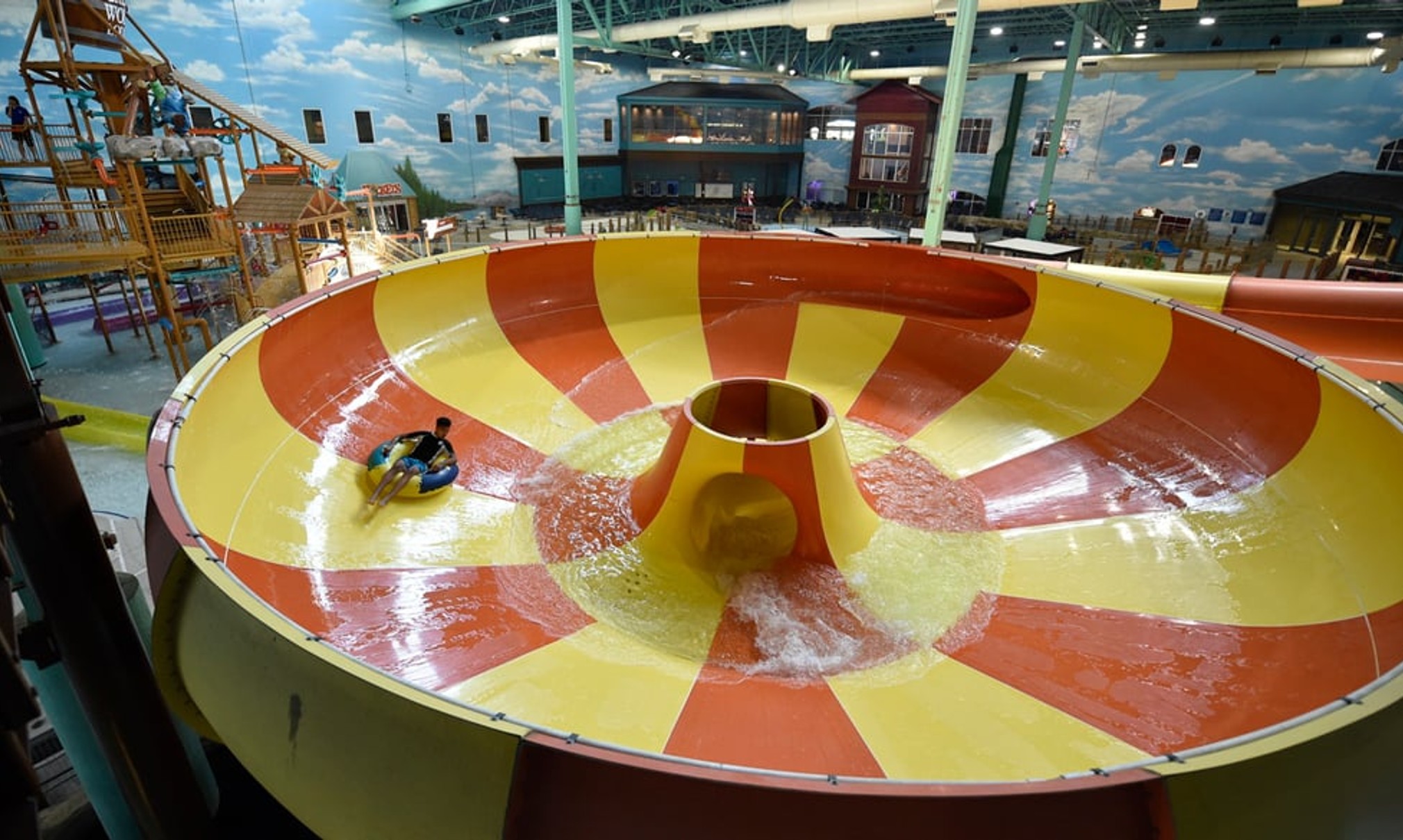 An aerial view of the open waterslide and surrounding park 