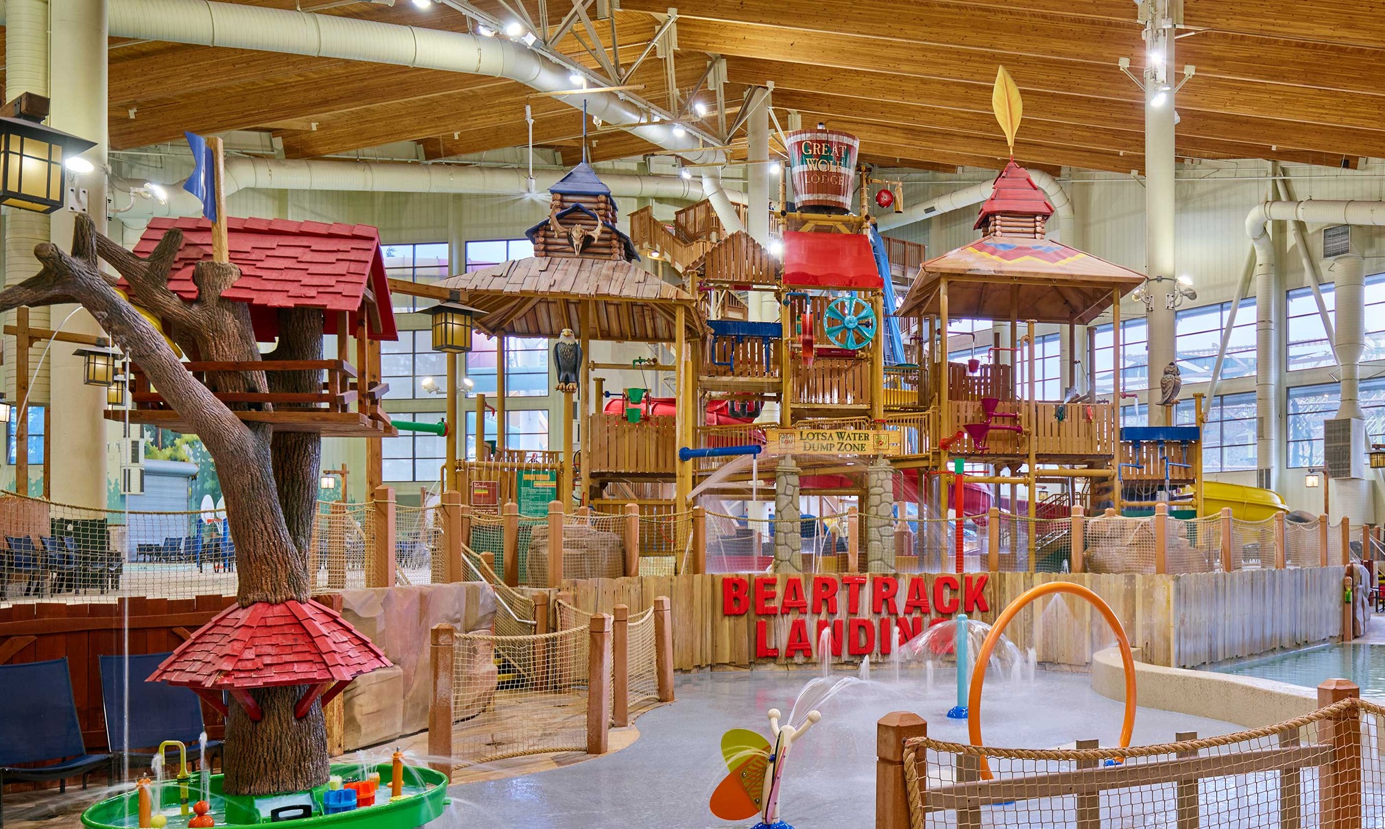 A wide shot of the water treehouse