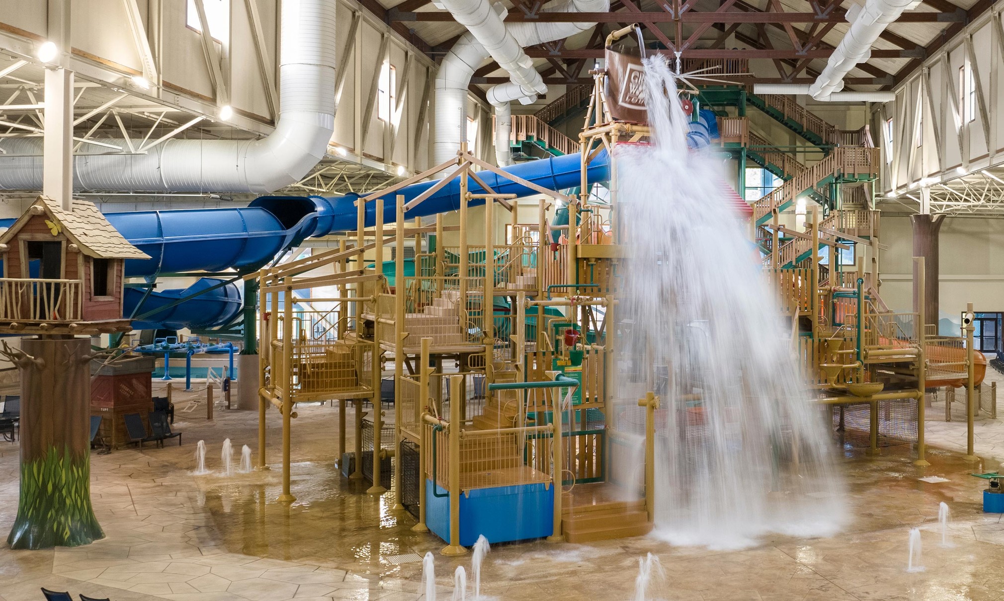 A wide shot of the water treehouse