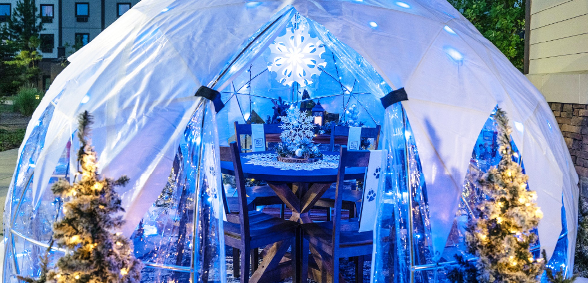 Snow Globe illuminated at night at Great Wolf Lodge