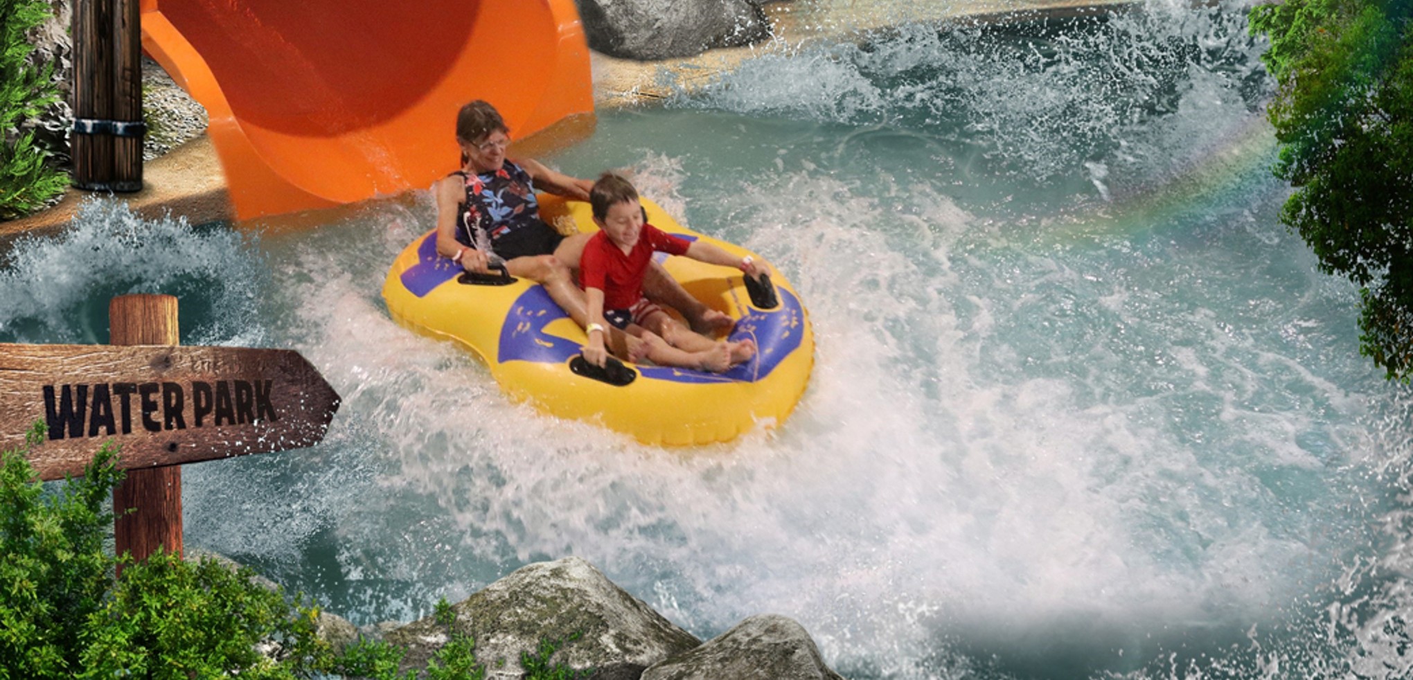 photo of family of four with great wolf lodge characters