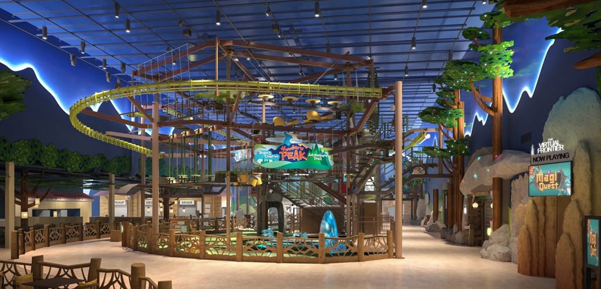 Group of friends at the Howlers Peak Ropes Course at Great Wolf Lodge indoor water park and resort.