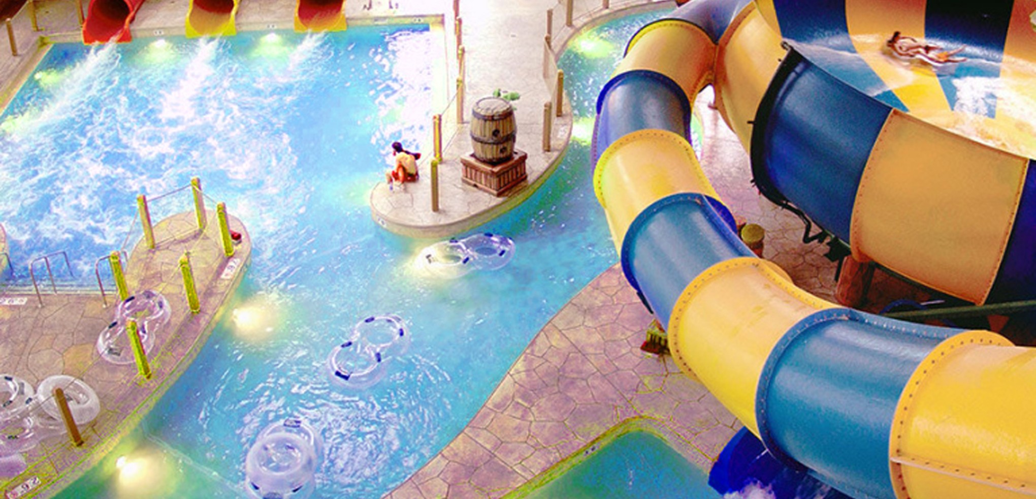 An aerial view of the open waterslide and surrounding park 