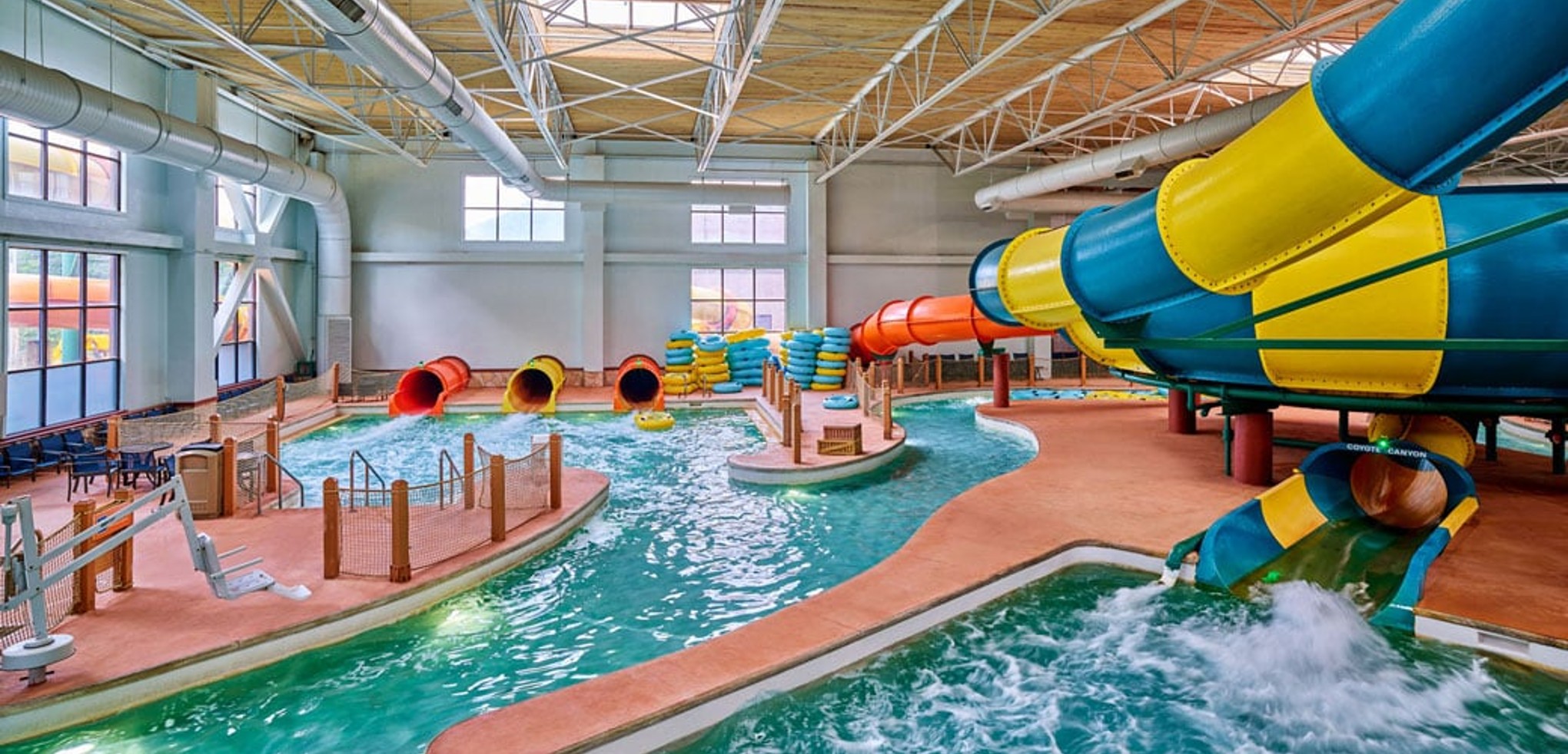 An aerial view of the open waterslide and surrounding park 