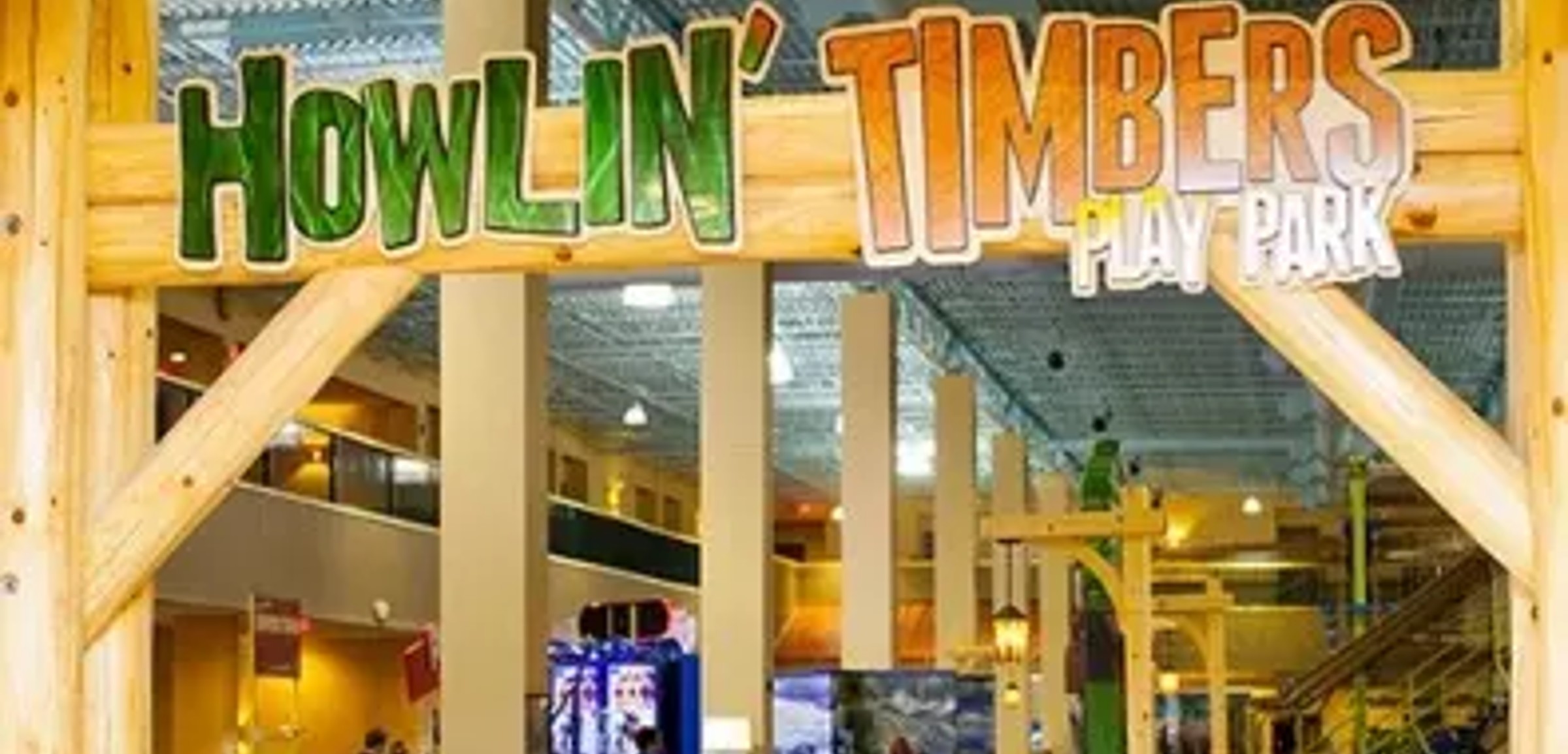 The entrance to Howlin' Timbers Play Park at Great Wolf Lodge indoor water park and resort.