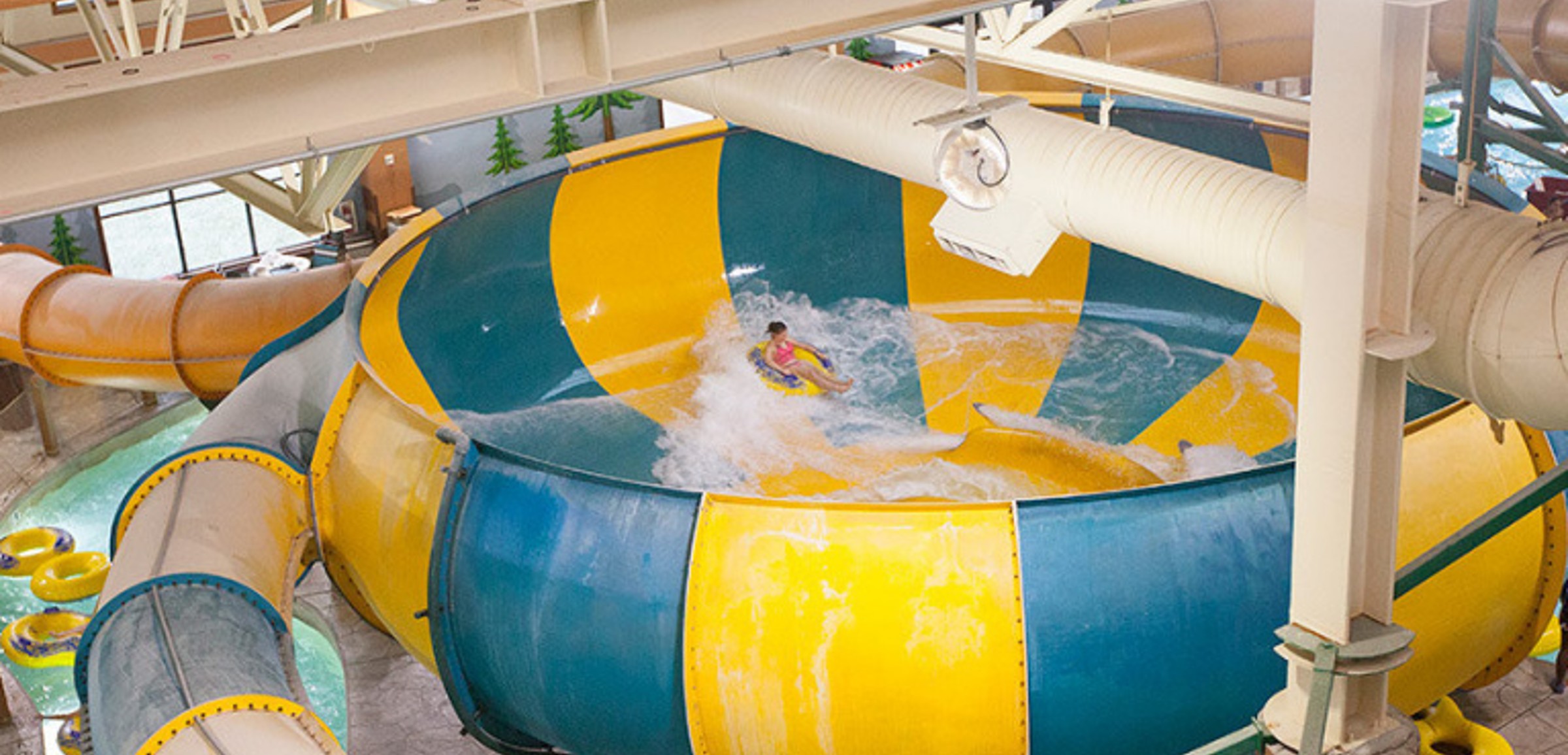 An aerial view of the open waterslide and surrounding park 