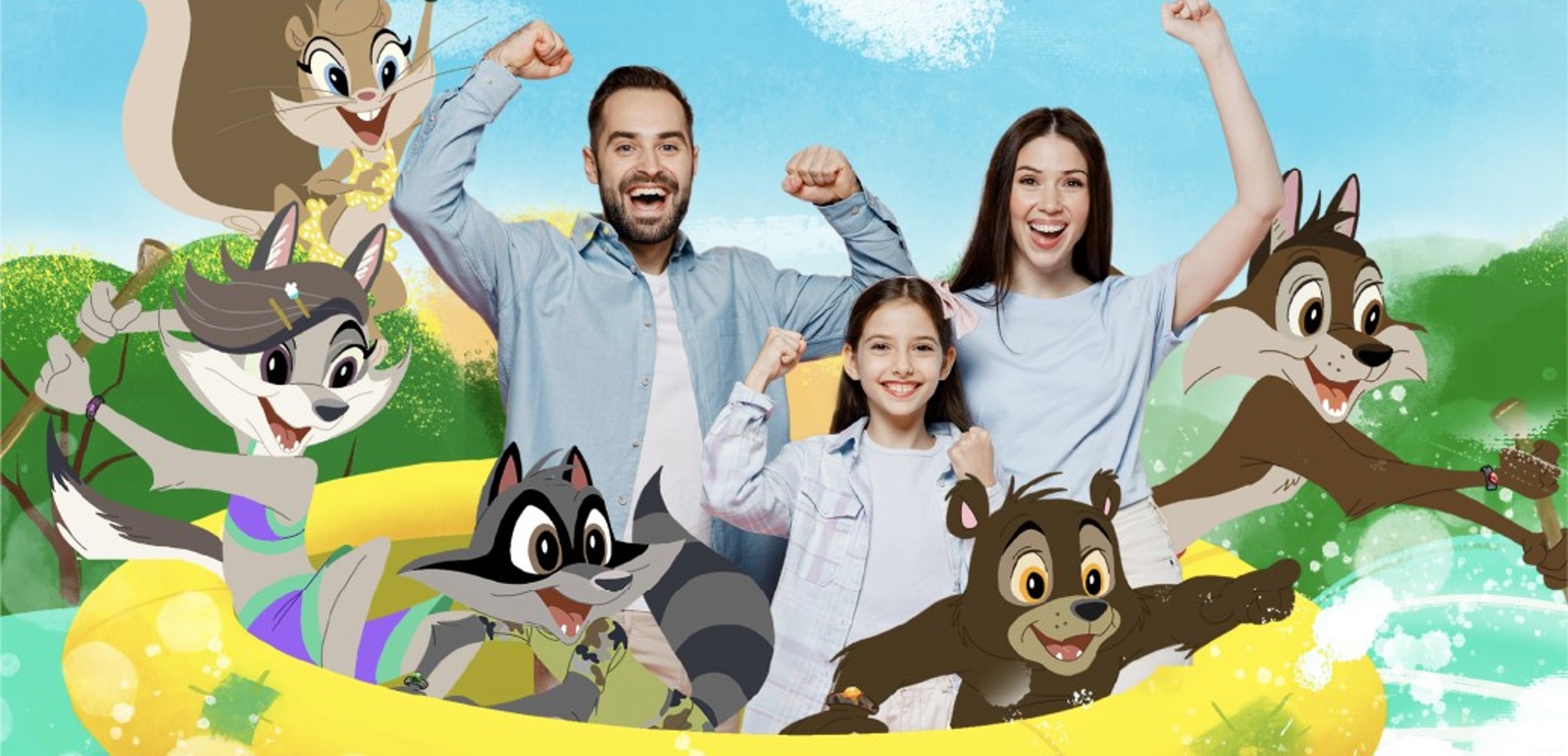 photo of family of four with great wolf lodge characters