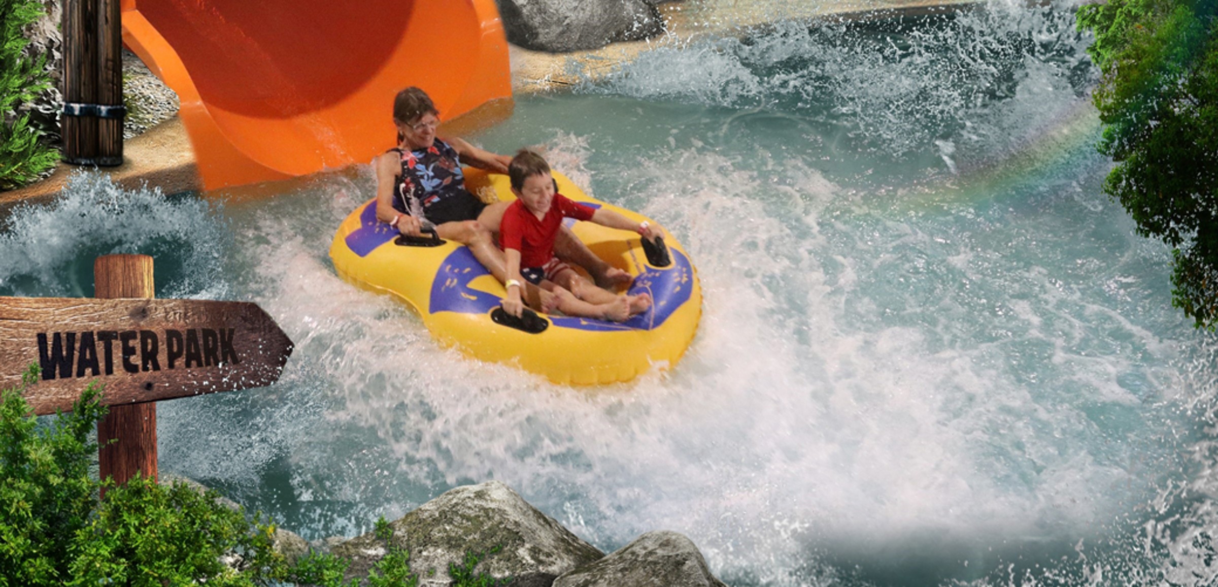 photo of family of four with great wolf lodge characters