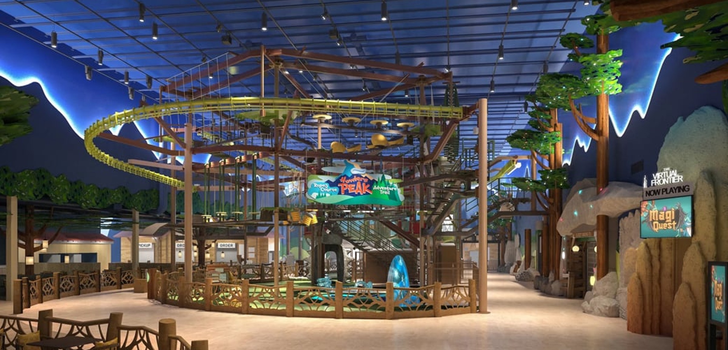 Group of friends at the Howlers Peak Ropes Course at Great Wolf Lodge indoor water park and resort.