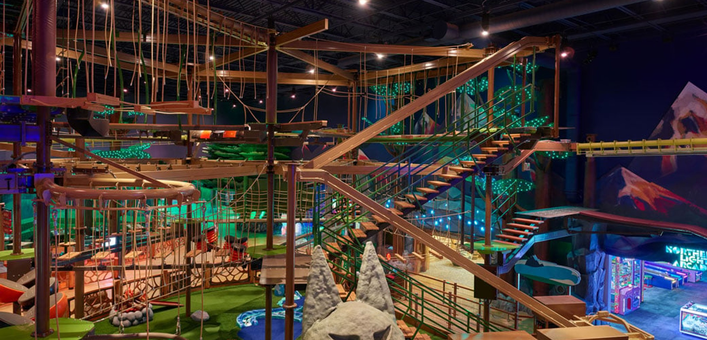 View of the Howlers Peak Ropes Course at Great Wolf Lodge indoor water park and resort.
