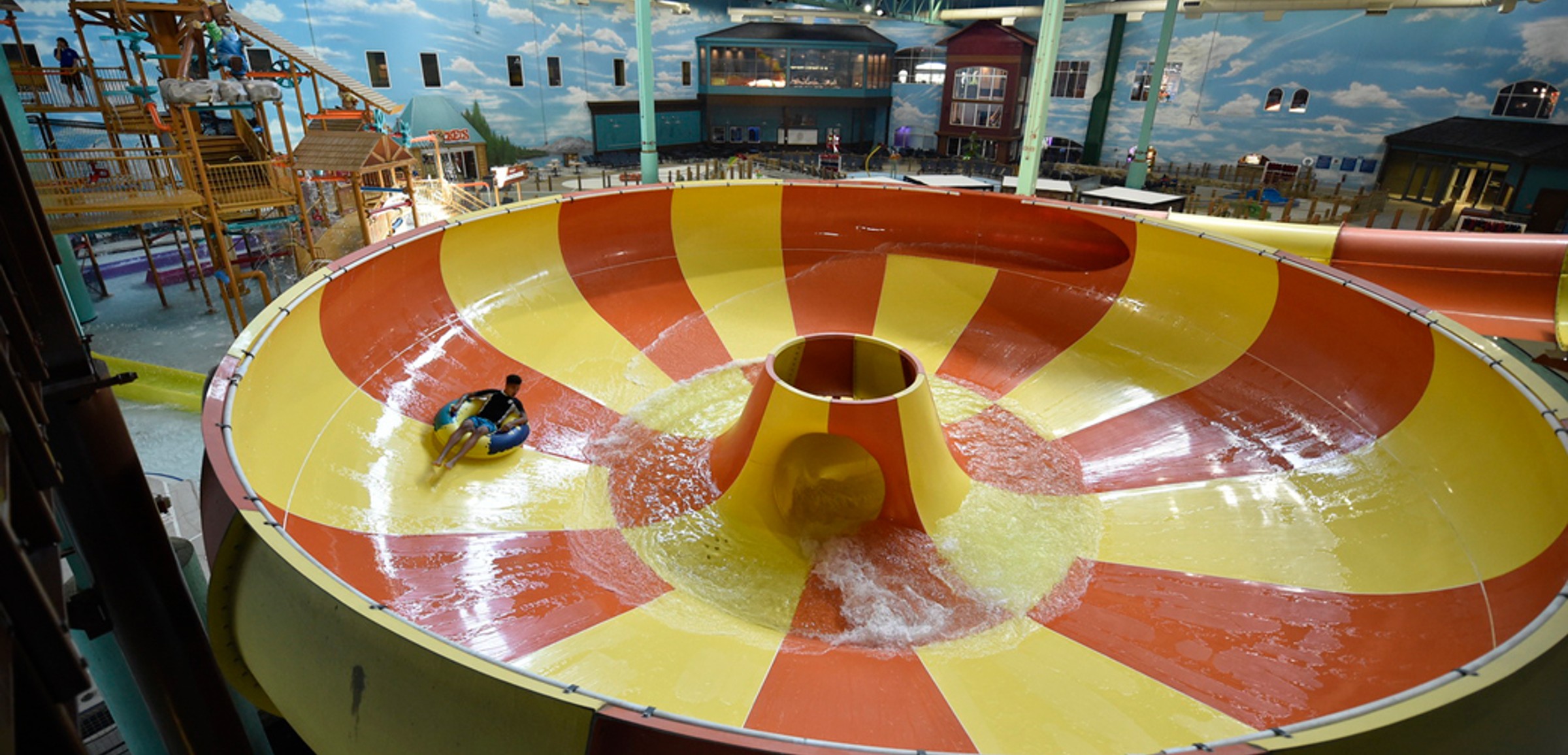 An aerial view of the open waterslide and surrounding park 