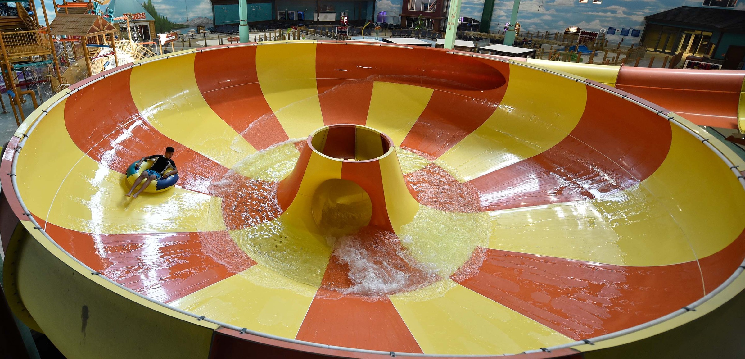 An aerial view of the open waterslide and surrounding park