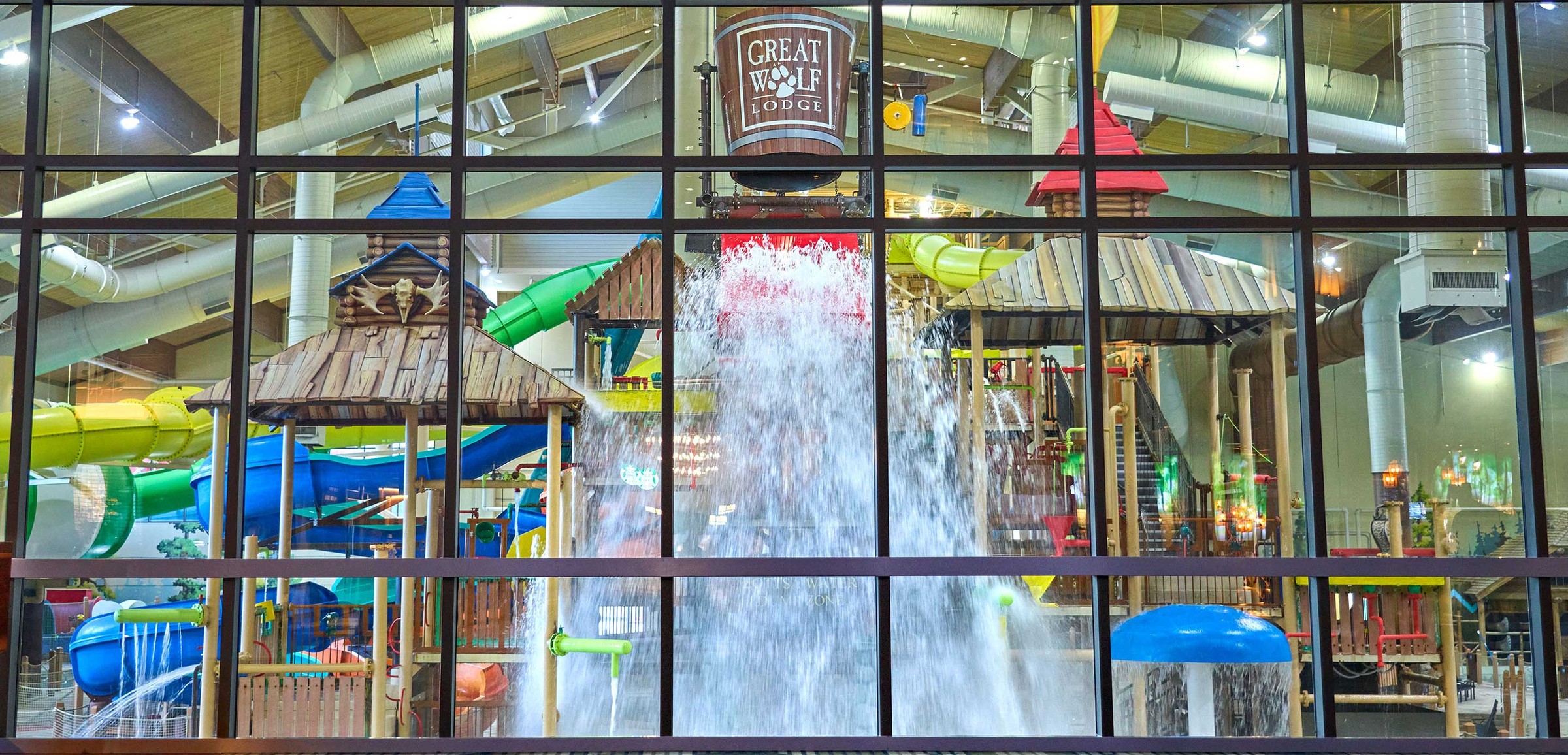 A wide shot of the water treehouse