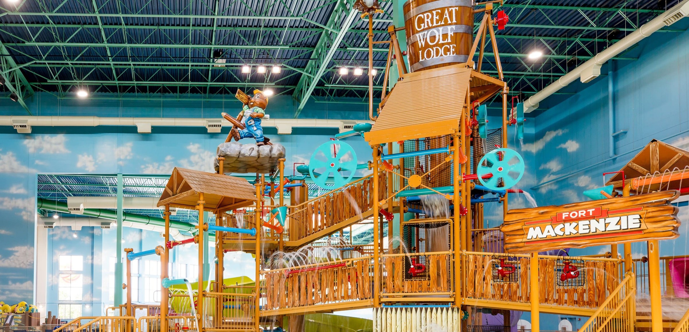 A wide shot of the water treehouse