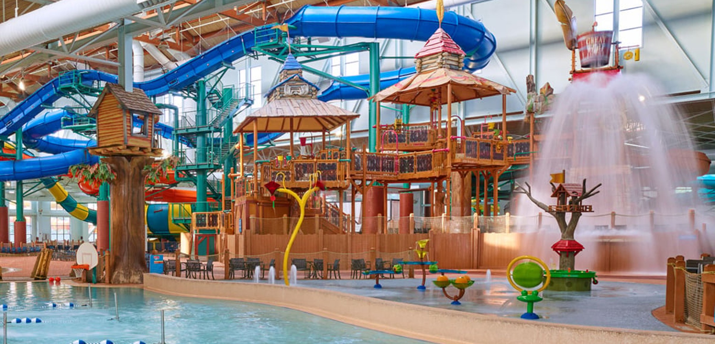 A wide shot of the water treehouse