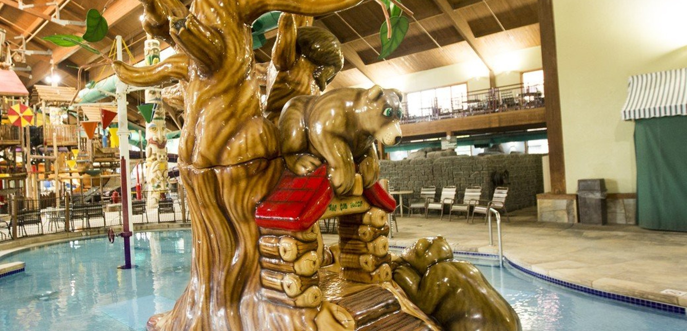 The indoor oak tree feature in a pool 