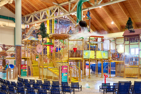 A wide shot of the water treehouse