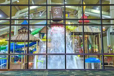 A wide shot of the water treehouse