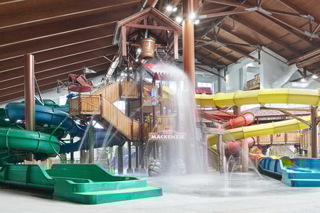 A wide shot of the water treehouse