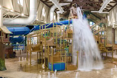 A wide shot of the water treehouse