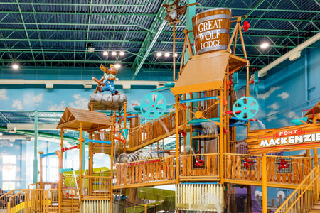 A wide shot of the water treehouse