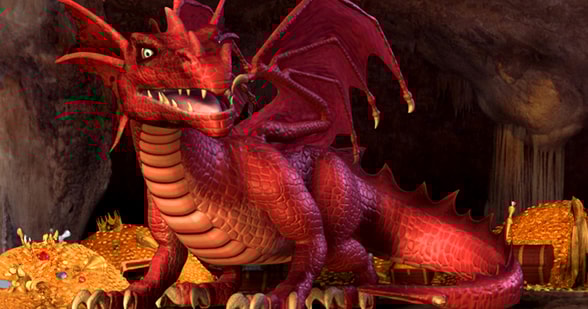 Charlock the Dragon among piles of gold and jewels