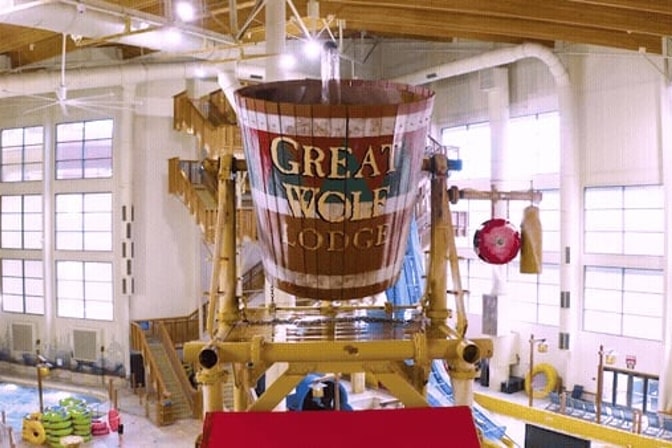 Family of four enjoying the indoor water park at Great Wolf