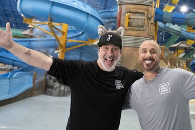 Joey Jatone and Lance Bass at Great Wolf Lodge indoor water park