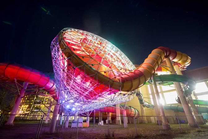 evening view of funnel water ride in grand mound resort