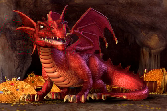 Charlock the Dragon among piles of gold and jewels