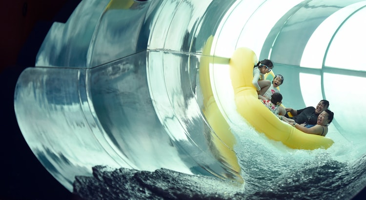 Family of five rides down enclosed waterslide 