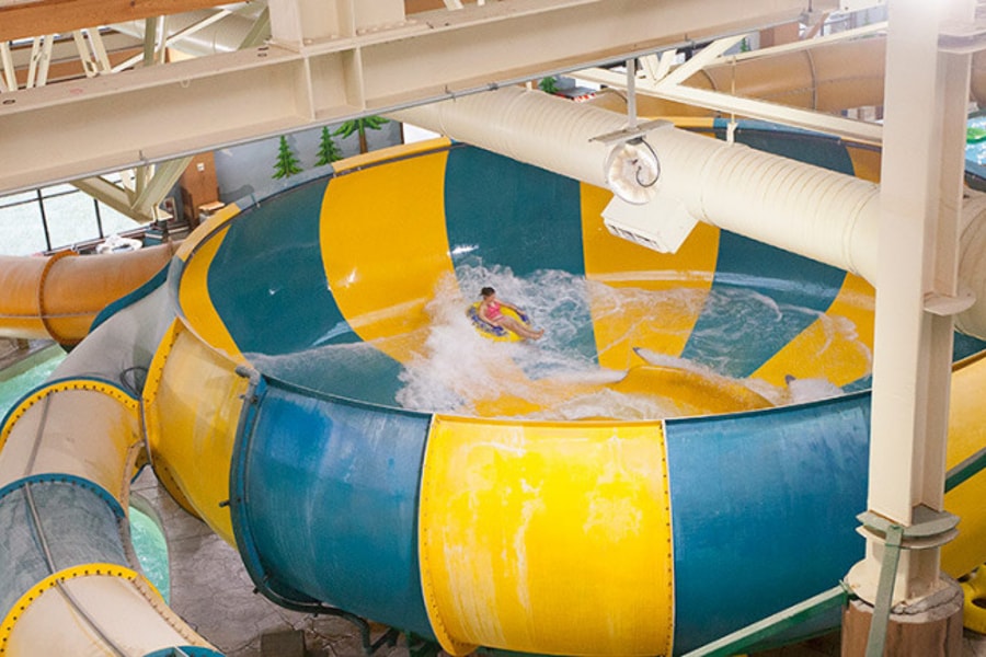An aerial view of the open waterslide and surrounding park 