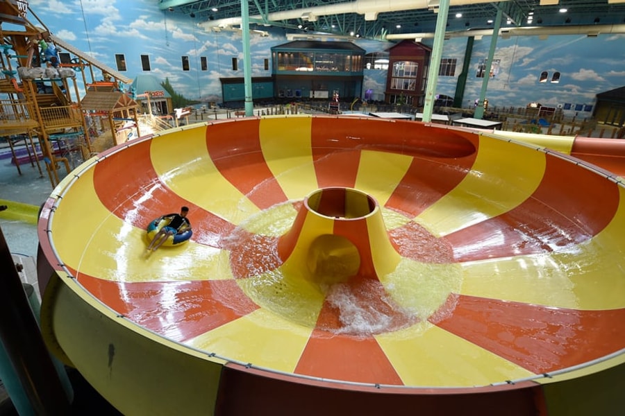 An aerial view of the open waterslide and surrounding park 