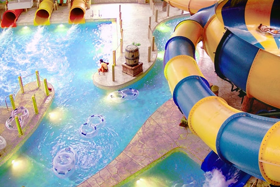 An aerial view of the open waterslide and surrounding park 