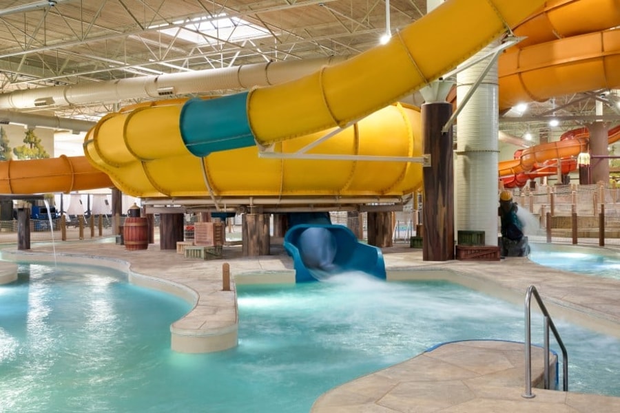 An aerial view of the open waterslide and surrounding park 