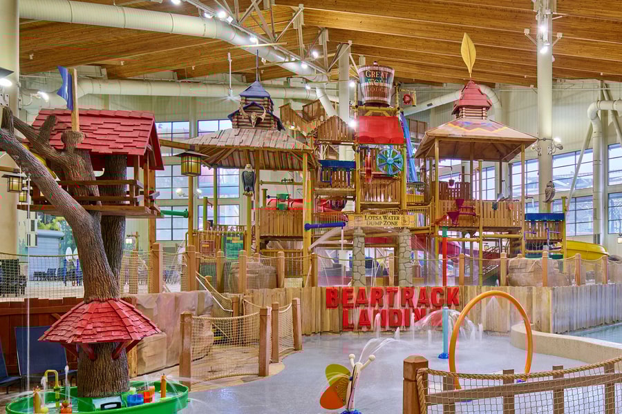 A wide shot of the water treehouse