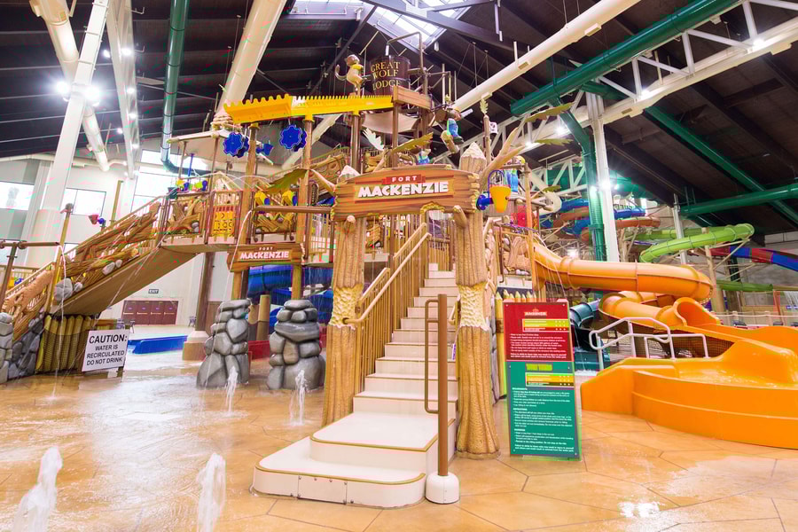 A wide shot of the water treehouse
