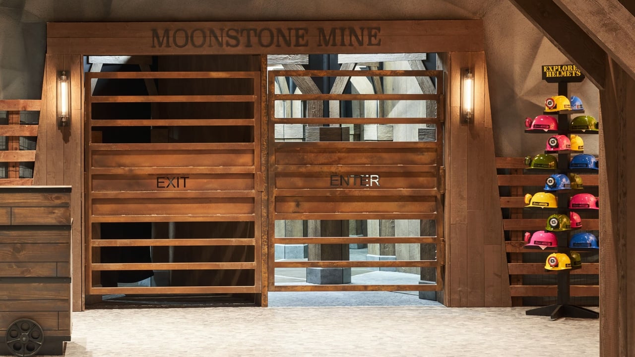 Entrance to Moonstone Mine with colorful helmets display