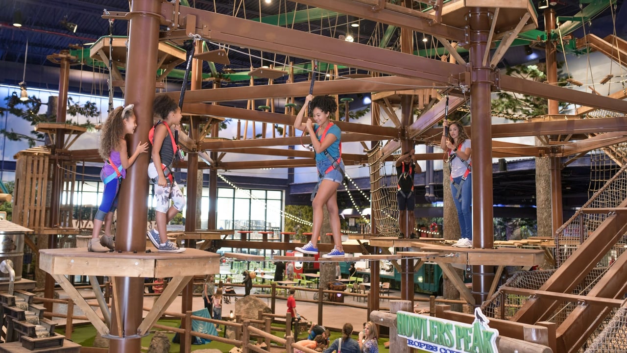 Kids and adults balancing on indoor ropes course
