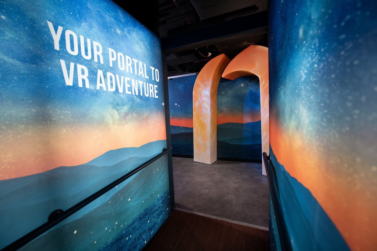 Colorful hallway entrance reads ‘Your portal to VR adventure