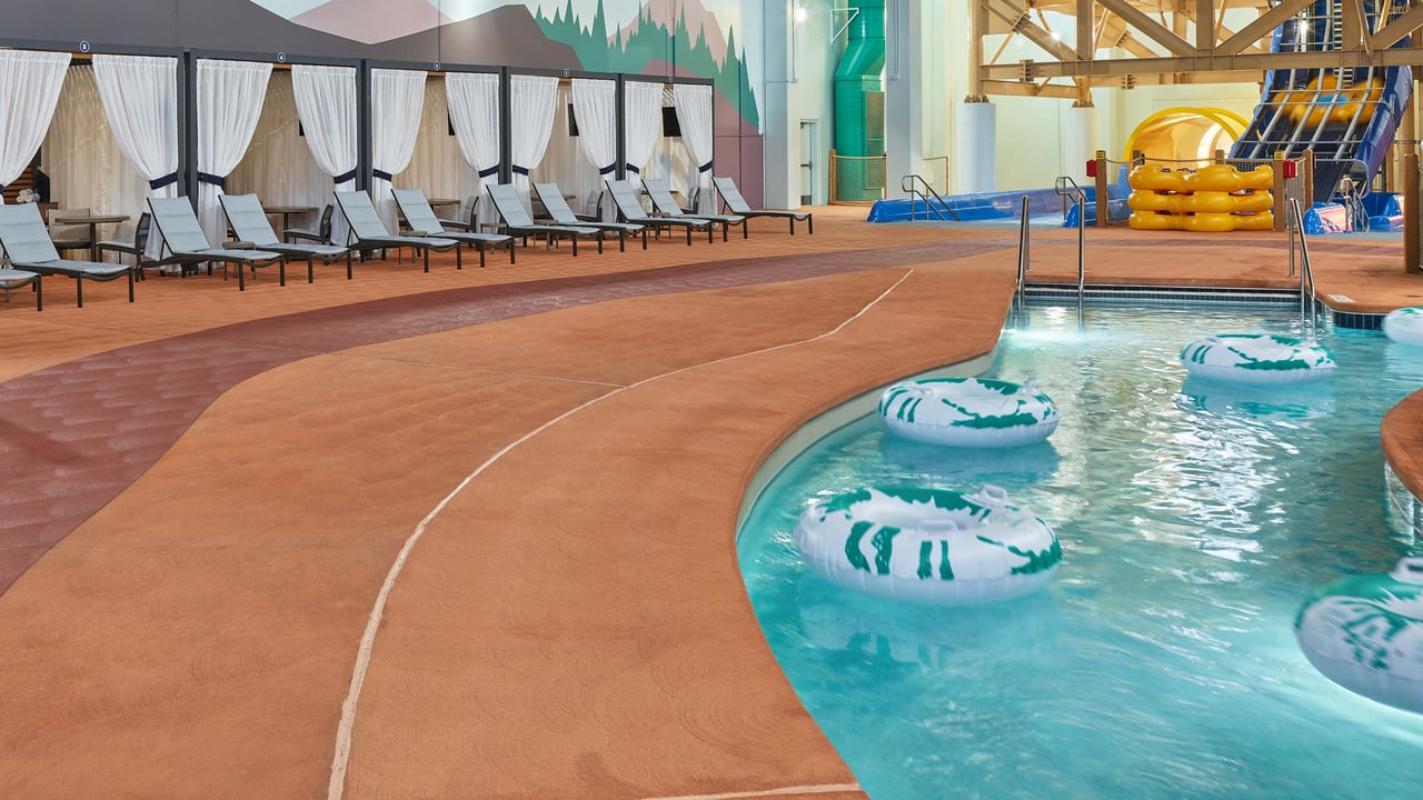 wide shot of lazy river and seating area