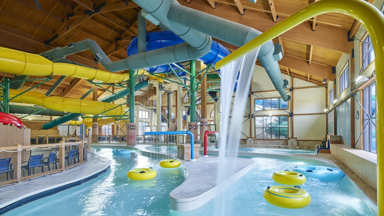 wide shot of inner tubes floating on the lazy river