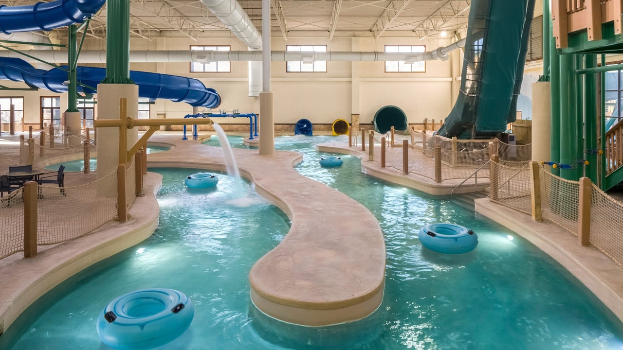 wide shot of inner tubes floating on the lazy river