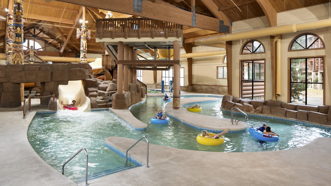 wide shot of inner tubes floating on lazy river