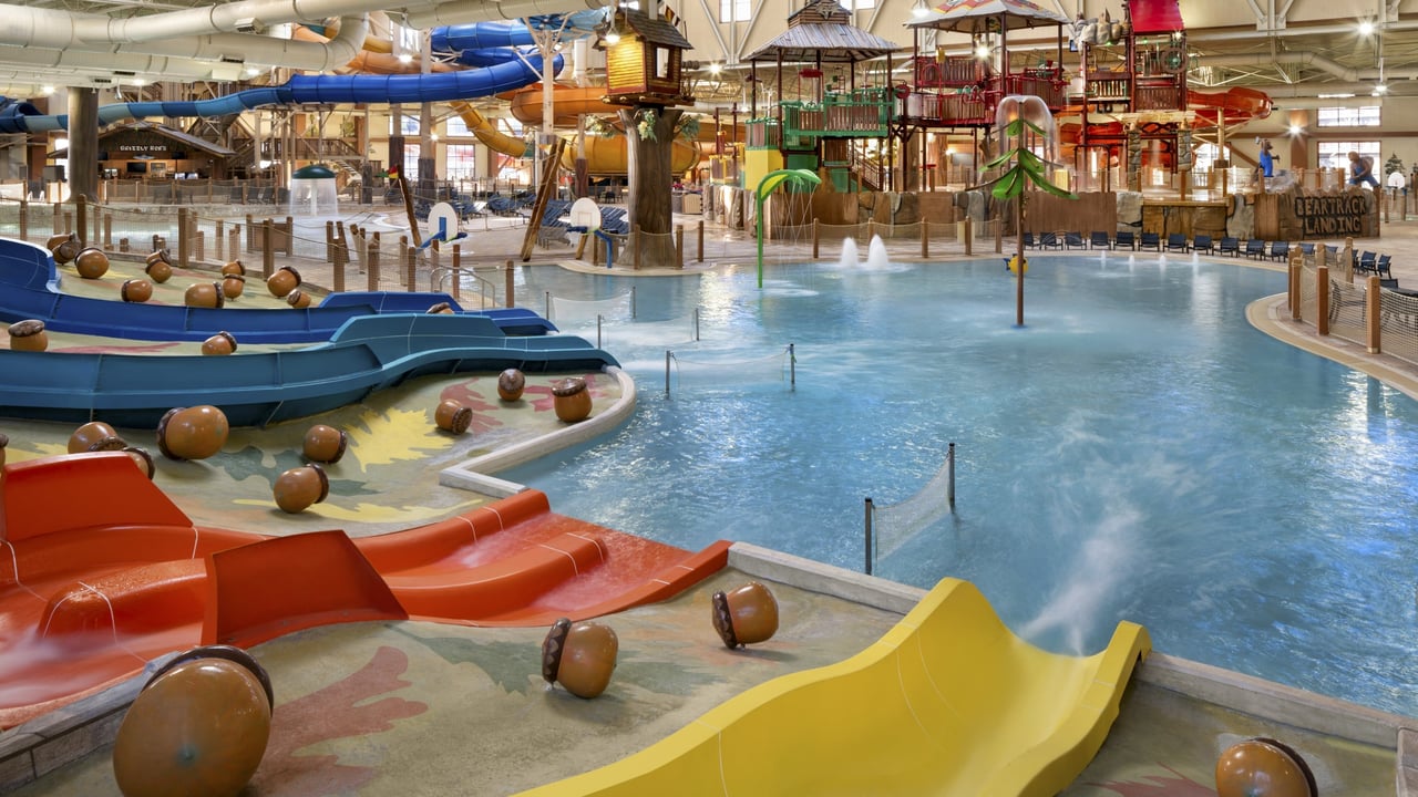 Vibrant indoor waterpark with colorful slides