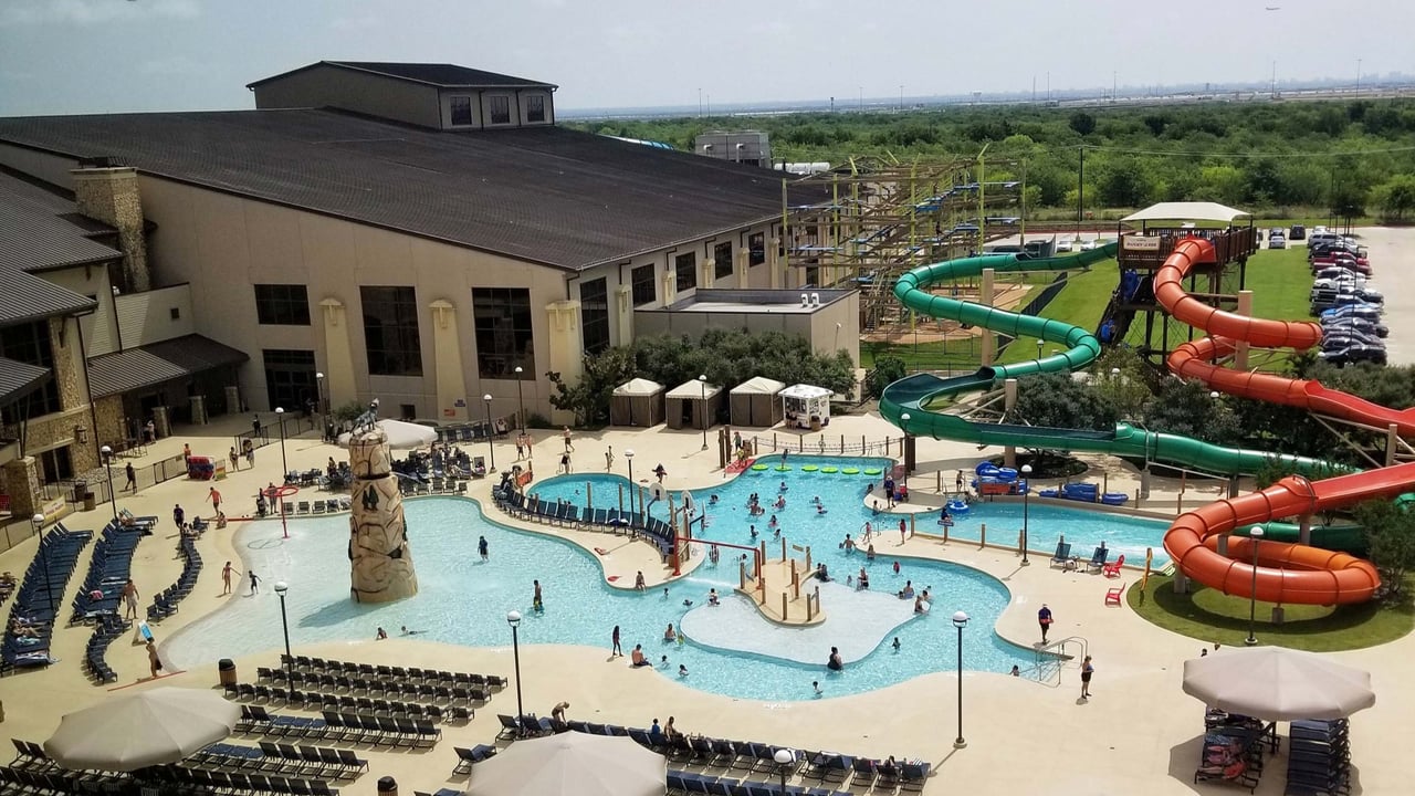 aerial view of the outdoor pool and outdoor play area in Grapevine Texas