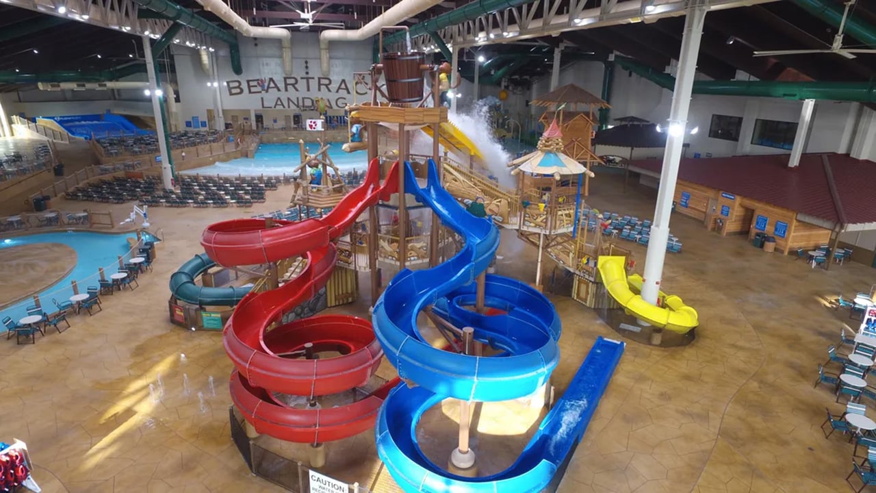 aerial view of the Totem Towers water slides in Anaheim CA