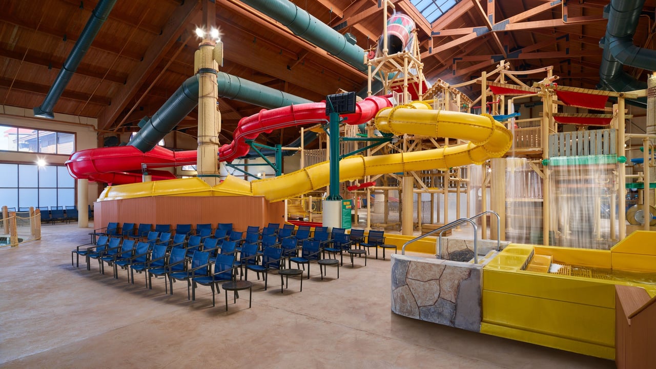 view of a variety of colorful water slides