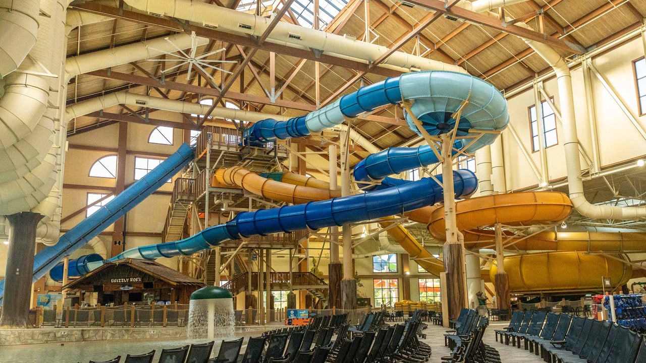 A view looking up at the indoor water slides 
