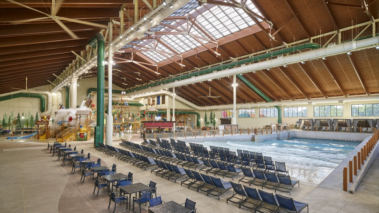 wide shot of seating area and wave pool of Slap Tail Pond